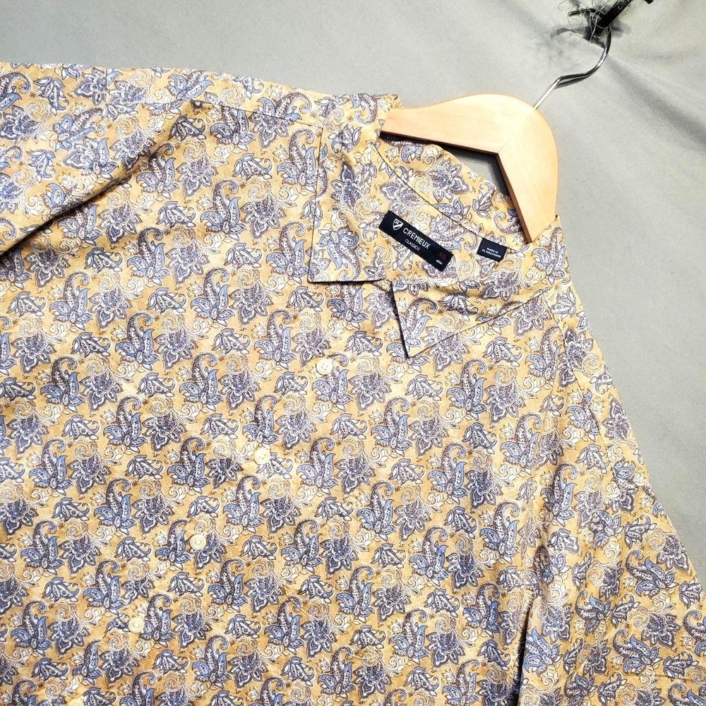 Cremieux Paisley Shirt Mens 2XL Tan Blue Cotton Short Sleeve Button Up Casual